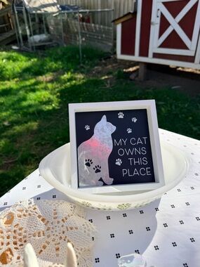 Source Unknown Black Sign with Iridescent Cat Silhouette